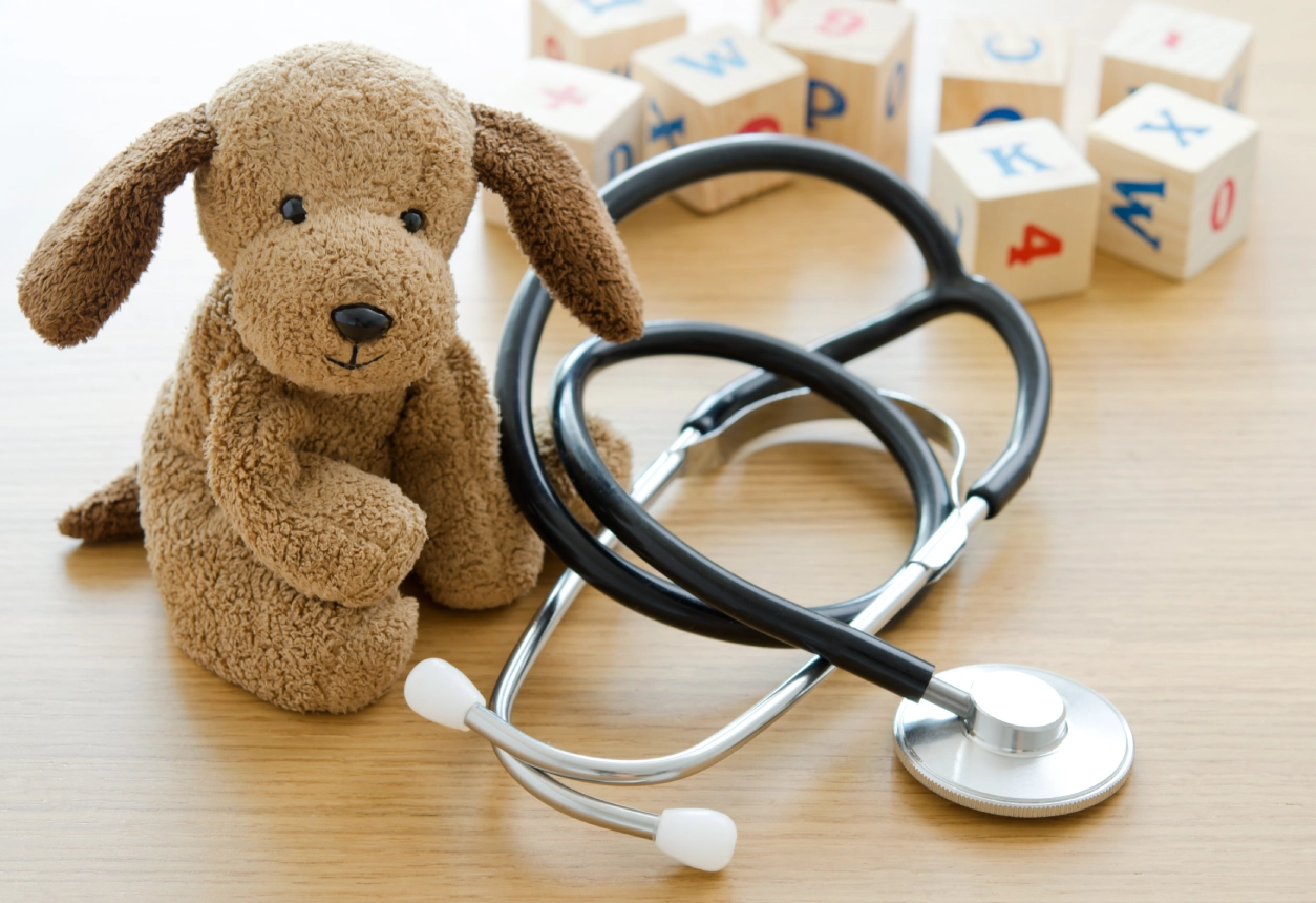 Stethoscope and stuffed animal on wood