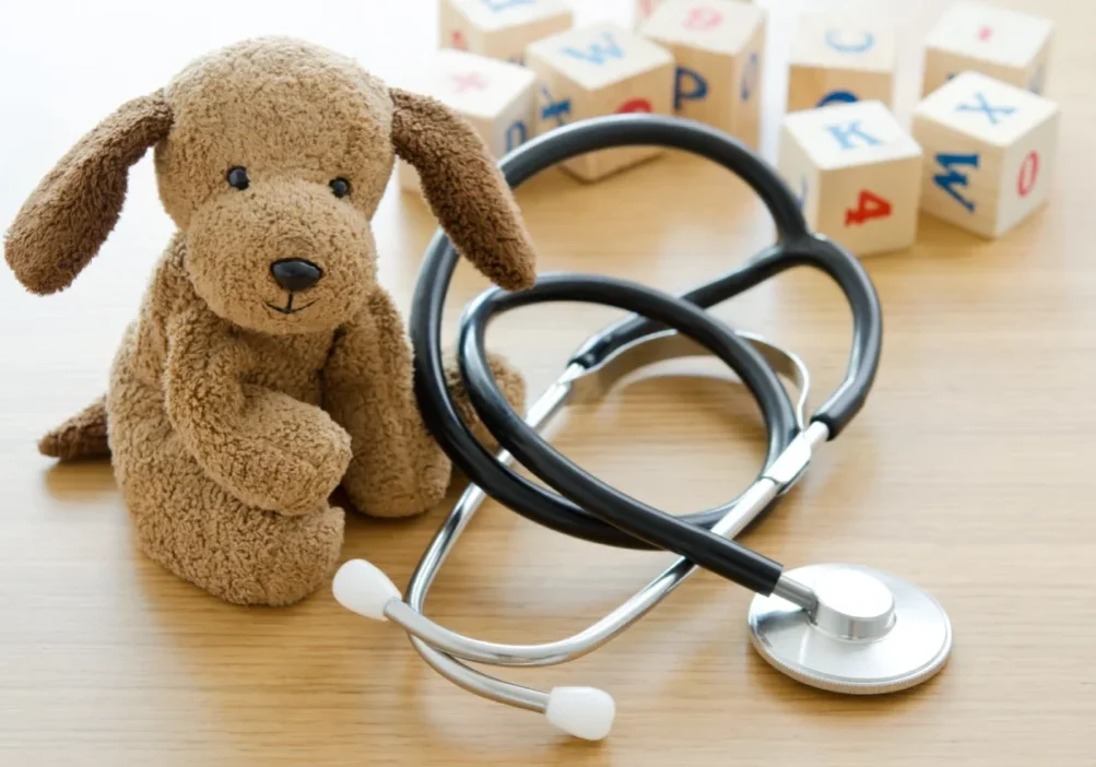 Stethoscope and stuffed animal on wood